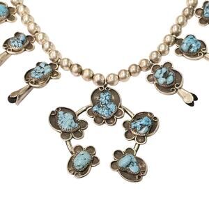 Vintage Navajo Turquoise Sterling Silver Squash Blossom Necklace